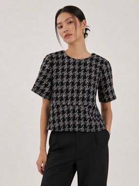 ZARA Black & White Textured Tweed Top – Women’s Size Large #0125